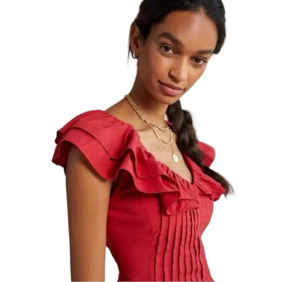 Anthropologie Forever That Girl Pintucked Ruffle Red Blouse Shirt ruffle medium - Picture 2 of 4